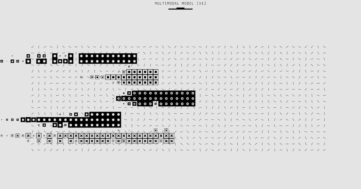 Abstract black and white graphic featuring a multimodal model pattern with various shapes.